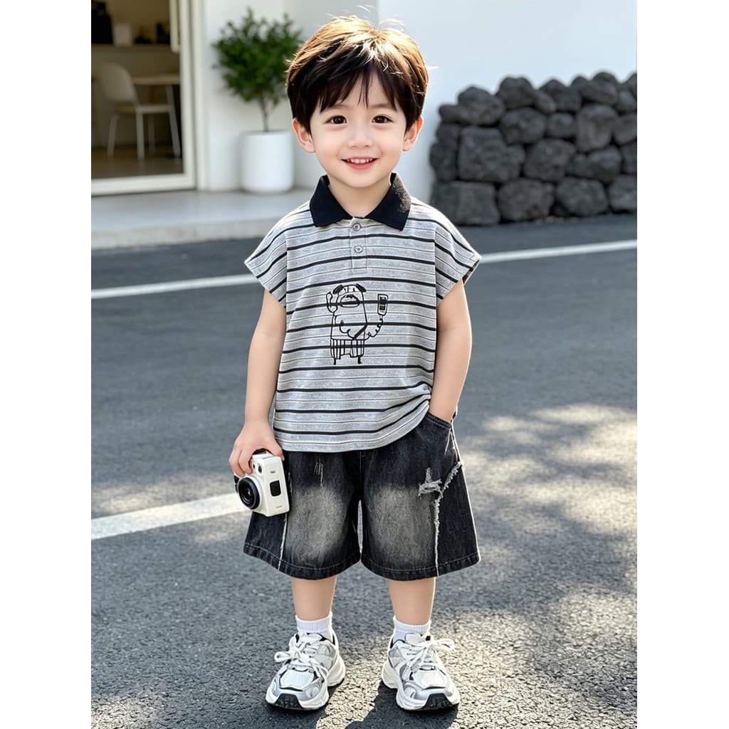 Crianças terno 2026 verão novo estilo meninos listrado camisa POLO sem mangas colete Denim Shorts bebê menino roupas de