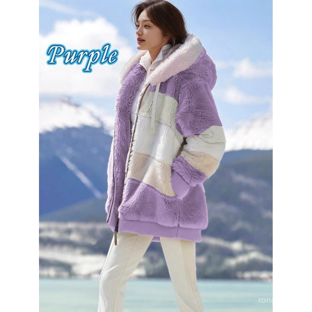 Cross-Border europa américa 2025 outono inverno quente pelúcia retalhos zíper bolso com capuz jaqueta solta feminina.