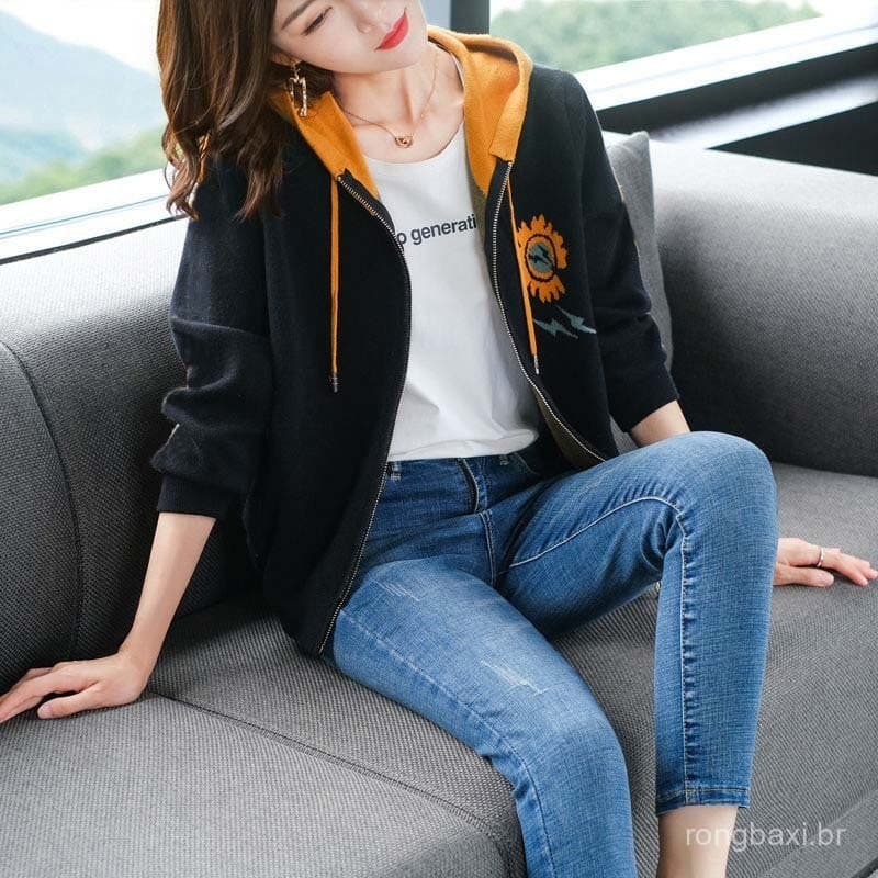 Outono inverno novo estilo versão coreana feminino tamanho grande com capuz curto Cardigan moda moletom feminino estudan