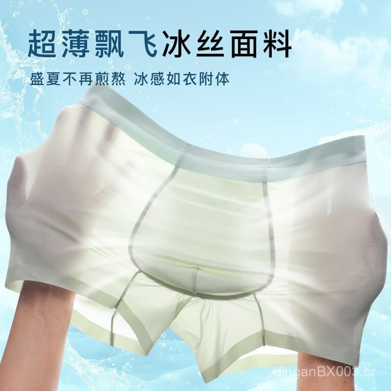 Cuecas boxer masculinas ultrafinas de seda gelada, tamanho grande, sem costura, de secagem rápida, cintura média, com re