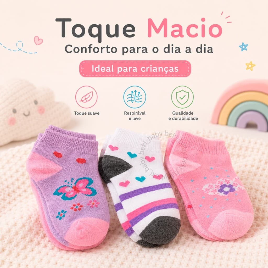 Kit  6 pares de Meias Bebê Infantil Algodão Estampada 2 a 10 anos