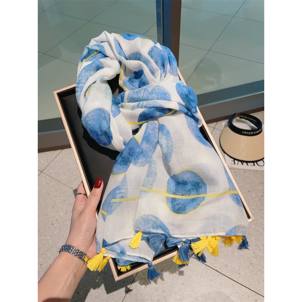 Azul bolinhas lenço de seda feminino primavera verão viagem beira-mar protetor solar grande xale outono fino algodão lin