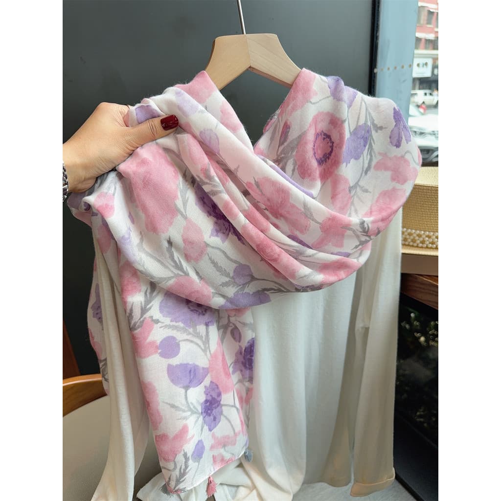 Rosa roxo flor lenço de seda feminino verão beira-mar férias praia cachecol viagem protetor solar gaze xale fino algodão