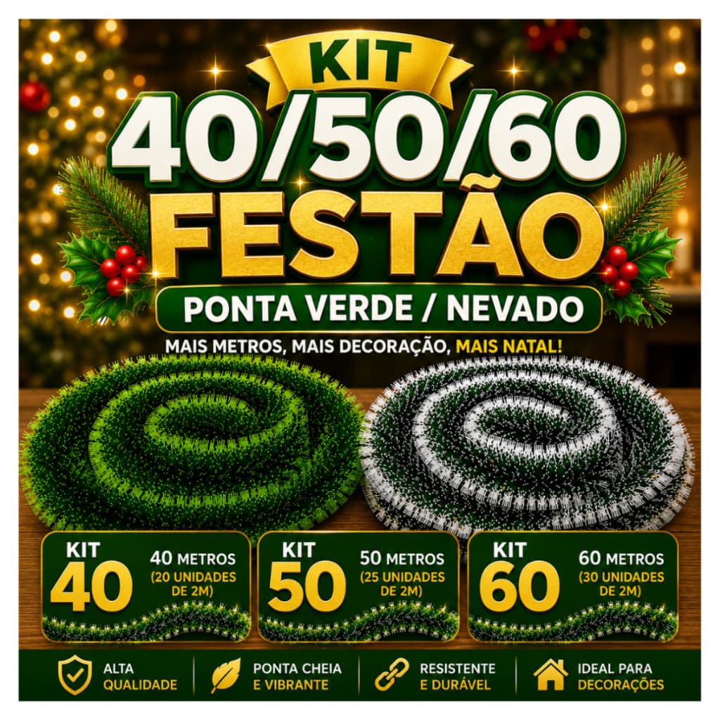 Kit 40/50/60 Metros Festão de Natal Ponta Verde/Nevado 2M x 9CM – Decoração Natalina para Árvore, Porta, Escada e Mesa