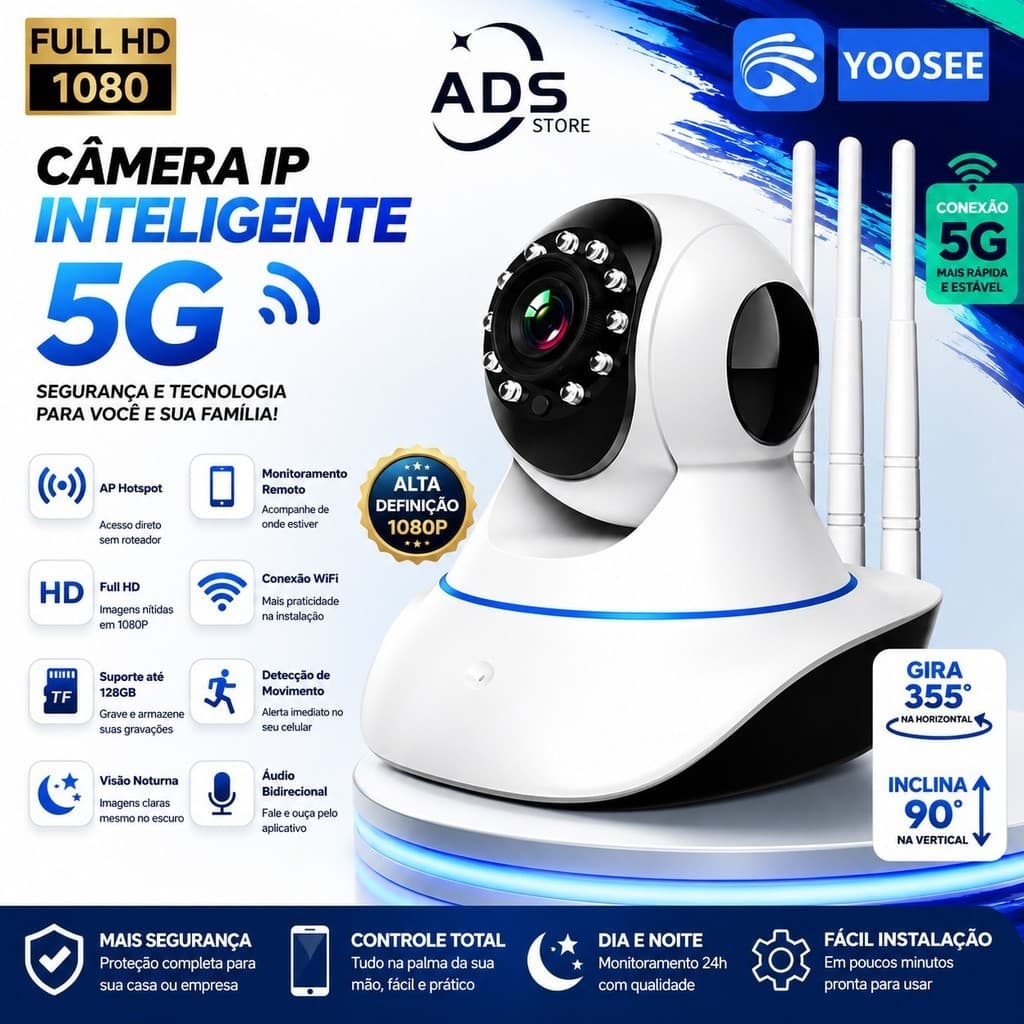 Câmera Segurança iP wifi Robô 3 Antenas 5G Sistema Yoosee Visão noturna full HD 360º microfone áudio babá eletrônica