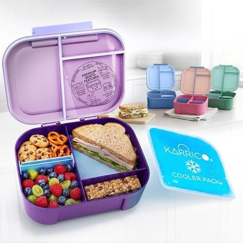 Lancheira Bento à prova de vazamentos, 3 compartimentos, Super grande, lavanda e azul