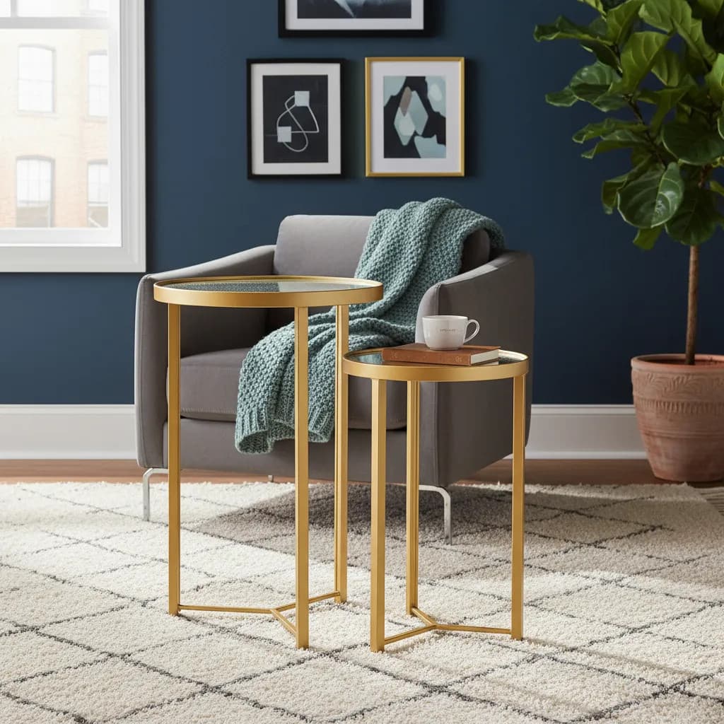 CONJUNTO MESA LATERAIS REDONDAS DE AÇO – KIT 2 MESAS DE APOIO MODERNA PARA SALA ESCRITORIOS