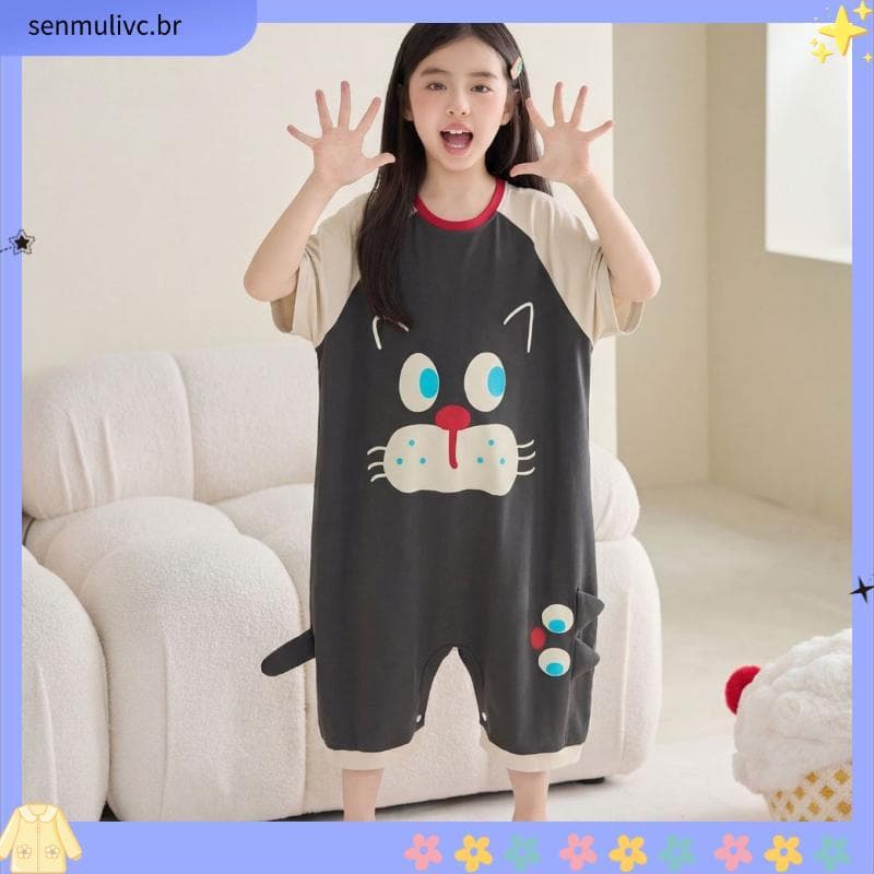 Crianças pijamas de manga curta de uma peça verão meninas grandes crianças finas de manga curta gatinho dos desenhos ani