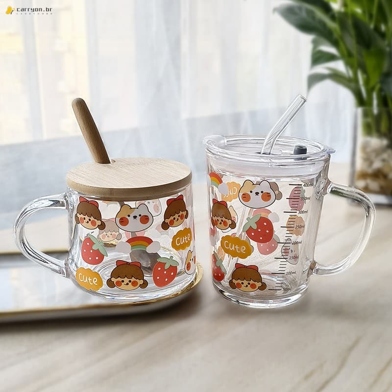 Copo De Palha De Vidro Bonito Dos Desenhos Animados-Café Da Manhã De Leite De Grande Capacidade Com Tampa Resistente Ao