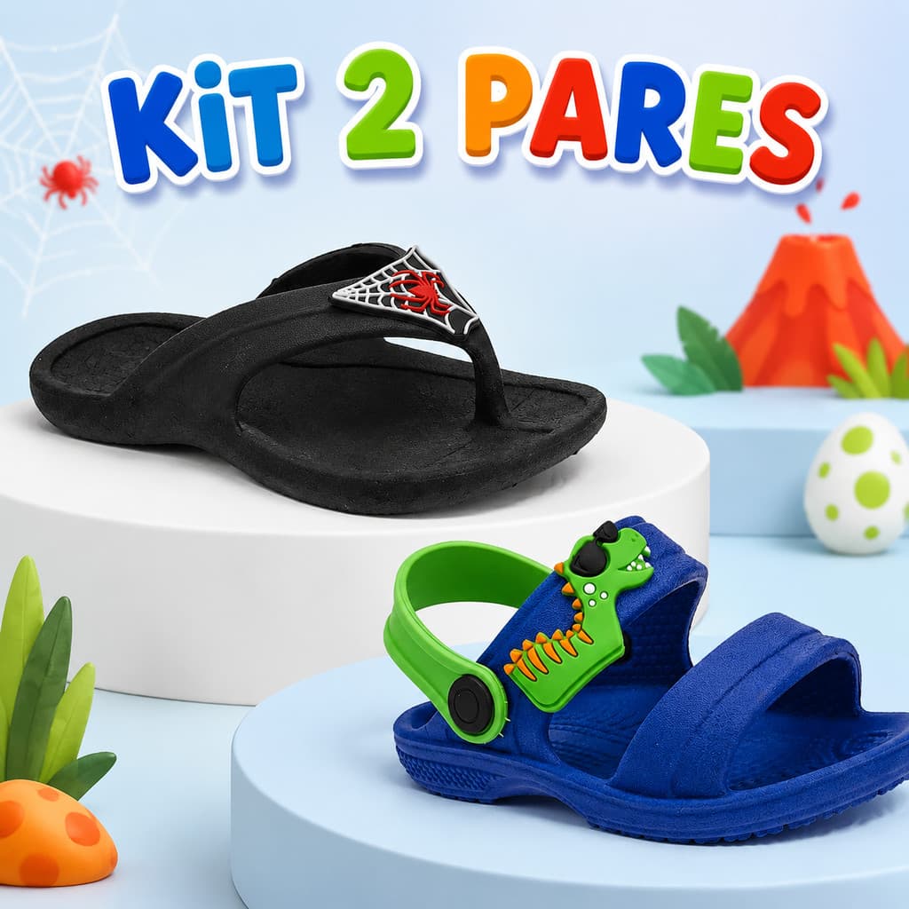 Kit Chinelo Infantil Menino Antiderrapante + Sandália Babuche Escolar Masculina Dino Macia e Leve