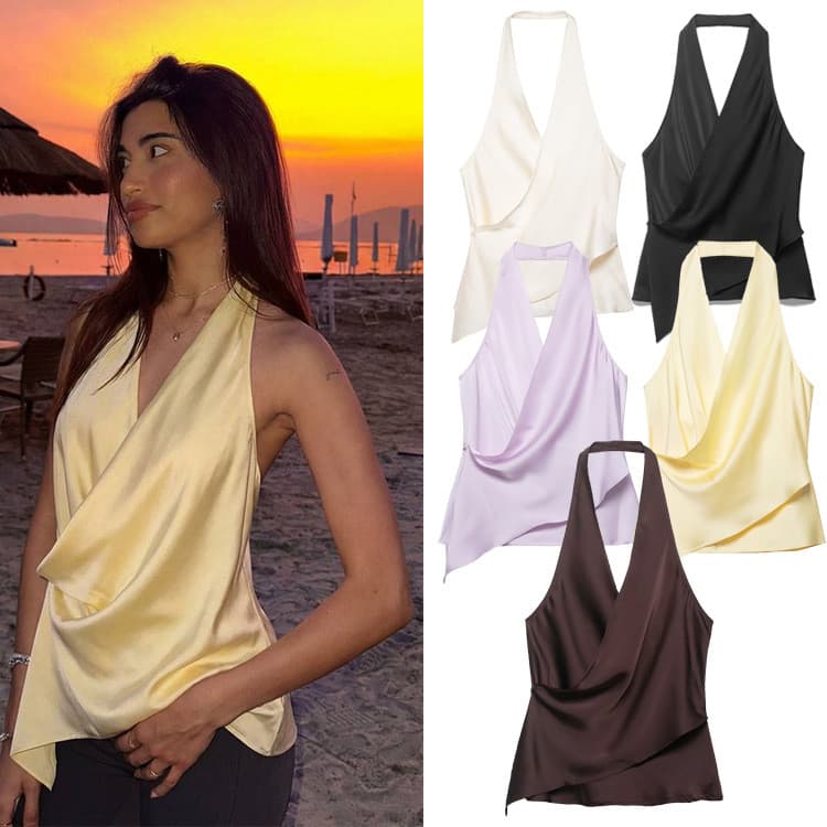 Verão Novo Estilo Feminino Textura de Cetim de Seda Halter Neck Colete Assimétrico 8986331