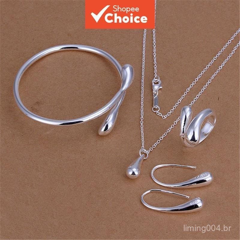 Conjunto De Joias De Prata Cereja Colar Pulseira Anel Brincos Presente Para Ela