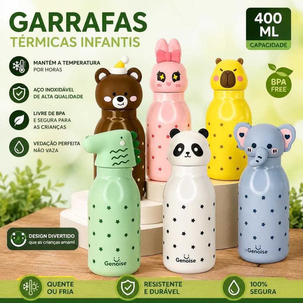 Garrafa Térmica Infantil com Canudo 400ml - Animais Fofos em Aço Inox Lançamento