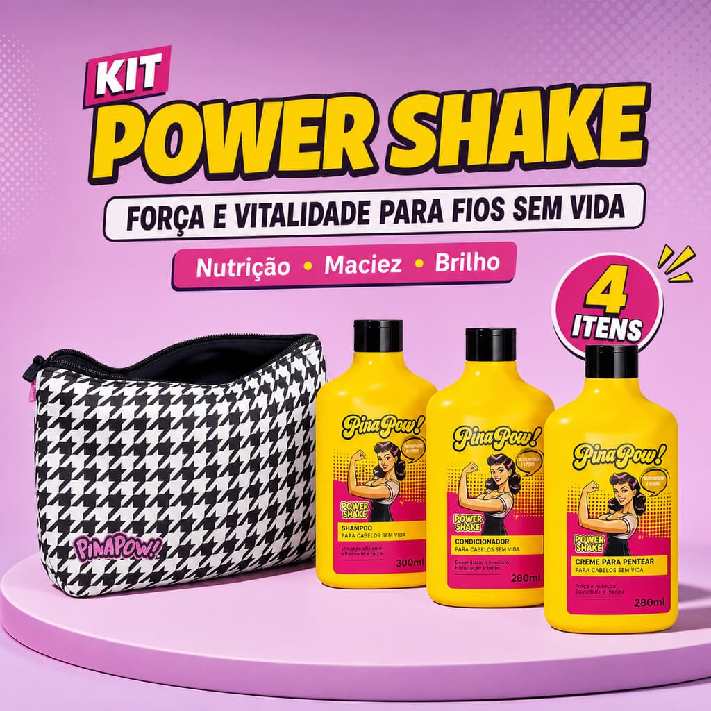 Kit PinaPow Power Shake | Shampoo + Condicionador + Creme de Pentear + Necessaire Estrela | Força, Nutrição e Brilho