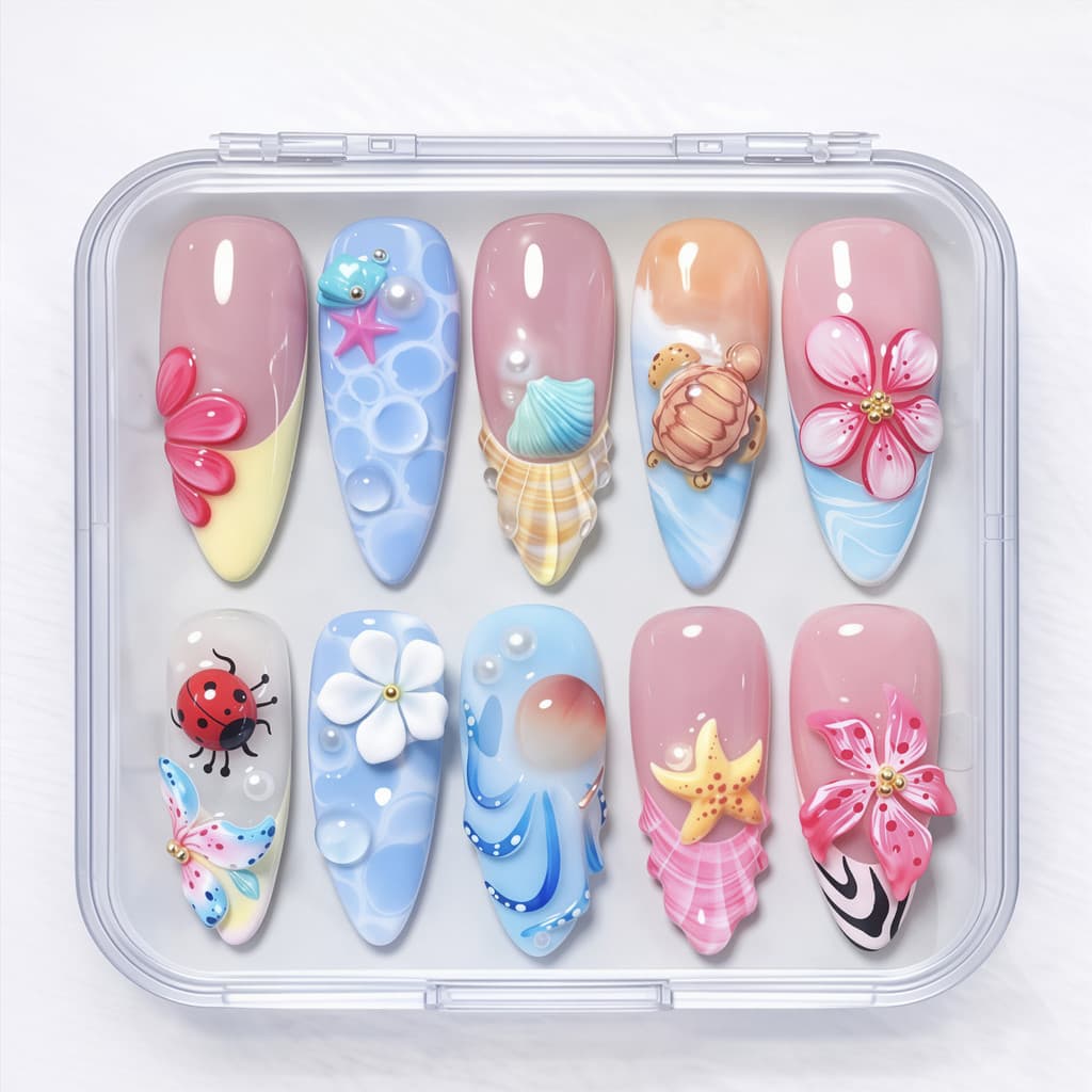 30 peças de unhas postiças 3D curtas em formato de amêndoa para o verão, com flores pintadas, tartarugas marinhas, conch