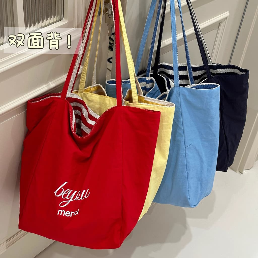 Bolsa feminina estilo 2026 novo estilo listrado dupla face pão bolsa de lona coreano estilo preguiçoso sacola vermelha g