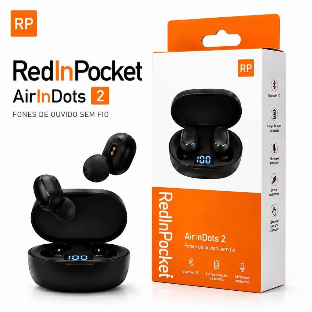 Fone de Ouvido Sem Fio Wireless Red in pocket pro Bluetooth Bluetooth Com Led e Visor