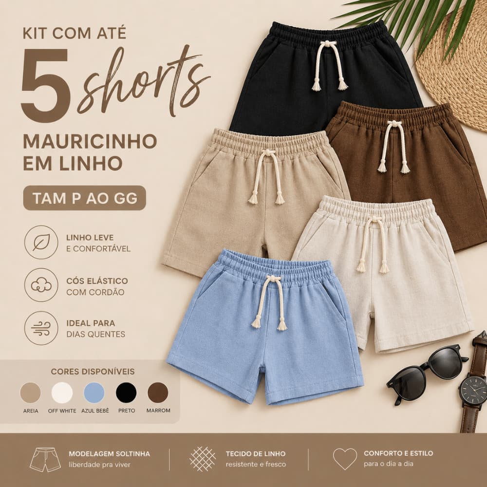 Kit 5 shorts Linho Mauricinho Masculino Curto Cordão Bermuda Masculina Verão Casual Leve Praia