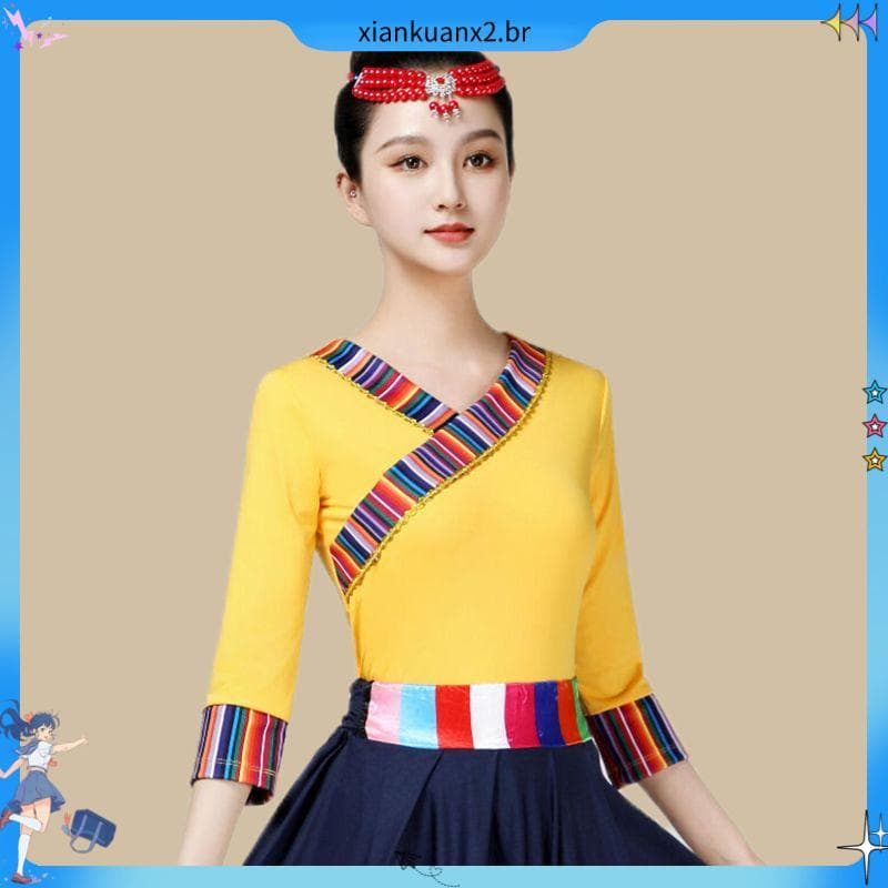 Estilo étnico traje de dança tibetana feminino desempenho de palco pote Zhuang Dolma busto artesanato exame leite seda t