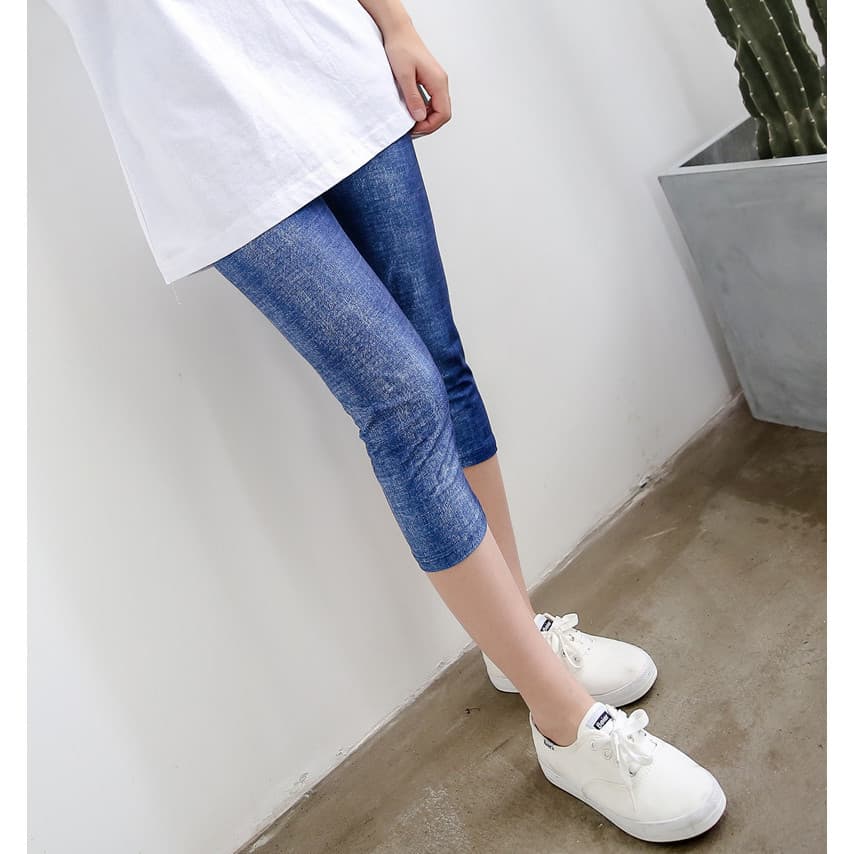 Imitação Denim escovado leite seda alta elástica calças cortadas mulheres camuflagem impresso calças magras verão Leggin