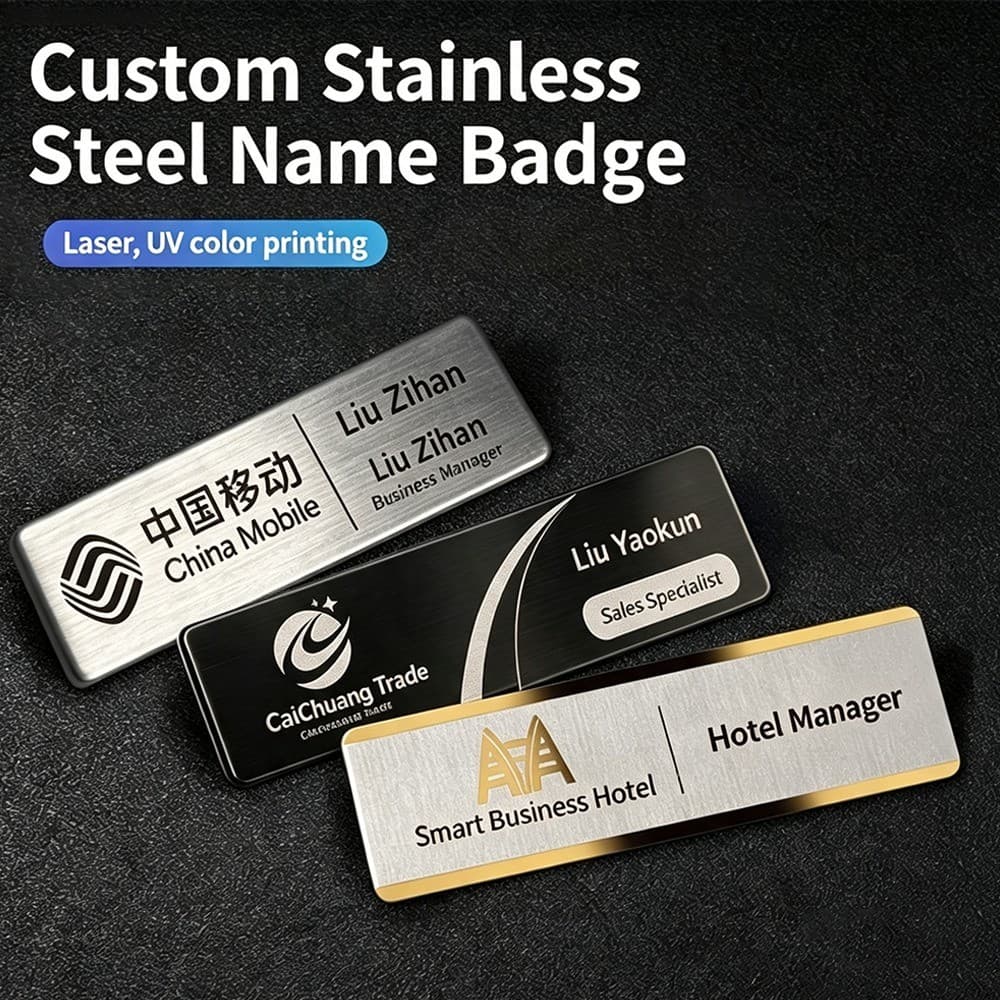 Crachá De Nome De Metal Personalizado , Logotipo Texto , Laser , Impressão UV , Placa De Identificação , Pino Magnético