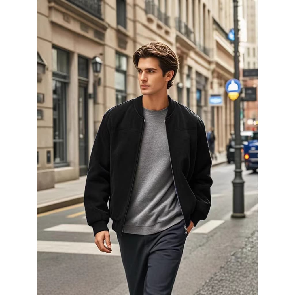 [Venda quente] Jaqueta masculina de camurça com gola alta, jaqueta solta retrô com zíper, jaqueta masculina da moda [env