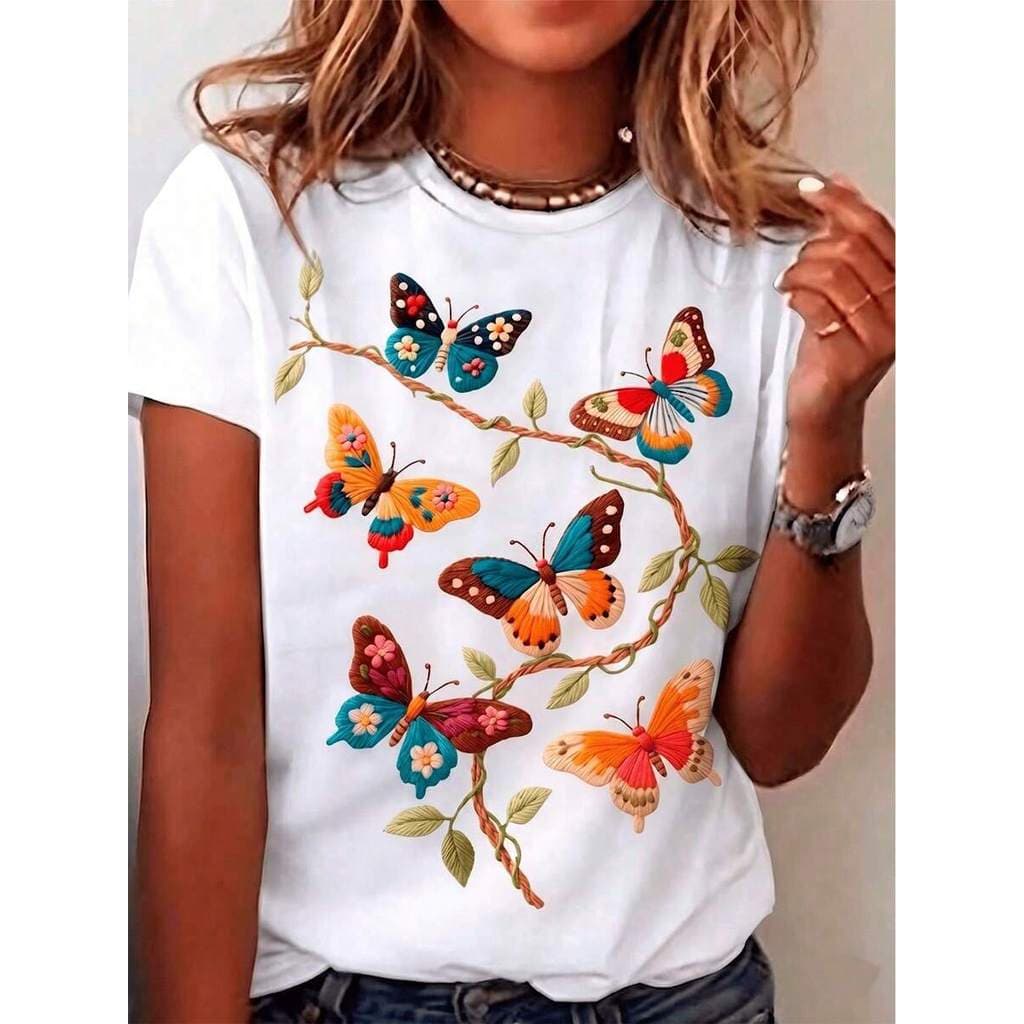 Camiseta Feminina Tshirt Borboletas Florais Estampada Streetwear Unissex 100% Algodão
