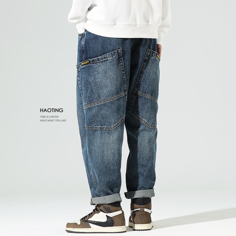 Haoting.Design Calça Jeans Solta Masculina Calça Reta Plus Gorda Plus Size Calça Harém Calça Retro Japonesa