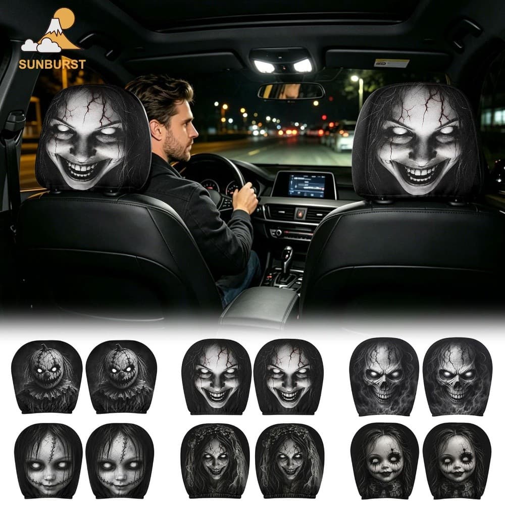 [Sunburst1 . br] Capa De Encosto De Cabeça Com Estampa De Rosto Fantasma 2 Peças Travesseiro Elástico Para Carro Ajuste