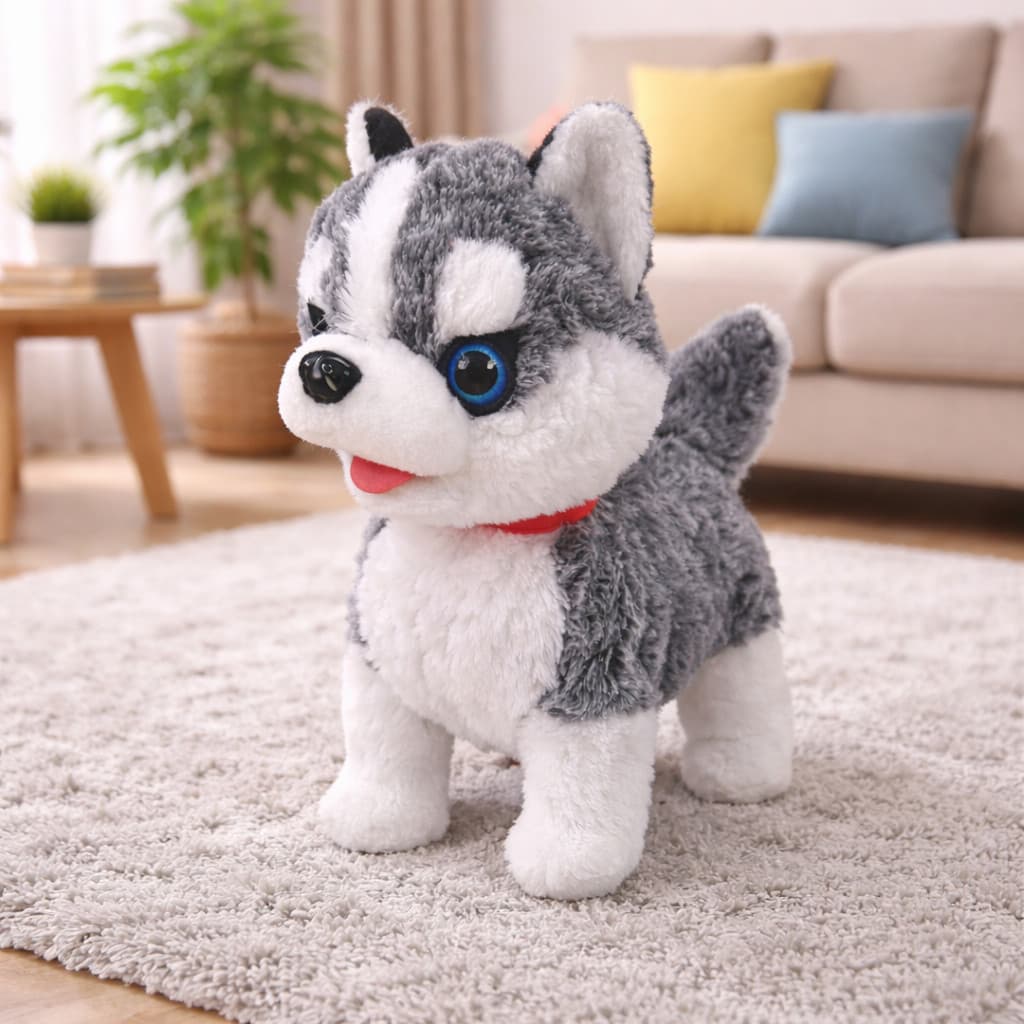 Cachorrinho de Pelúcia Husky Macio Anda e Late Brinquedo Infantil Interativo com Controle na Coleira