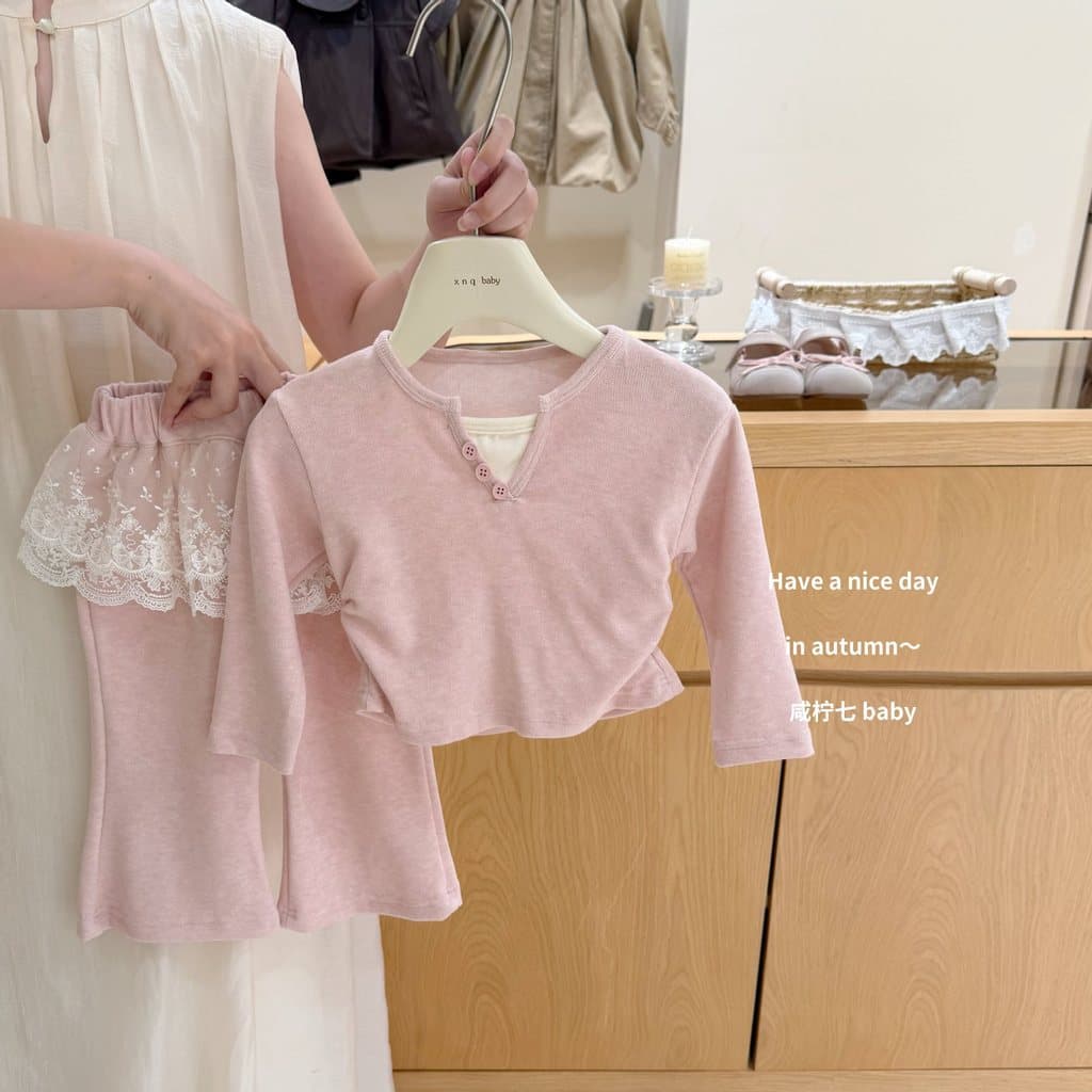 Primavera meninas terno moda renda bunda cortina calças falso de duas peças superior calças de perna larga estilo prince