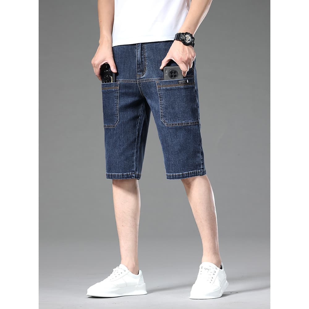 LAIYUEHUI/LAYUEHUI Shorts jeans masculinos de verão com seis bolsos elásticos masculinos de cano médio