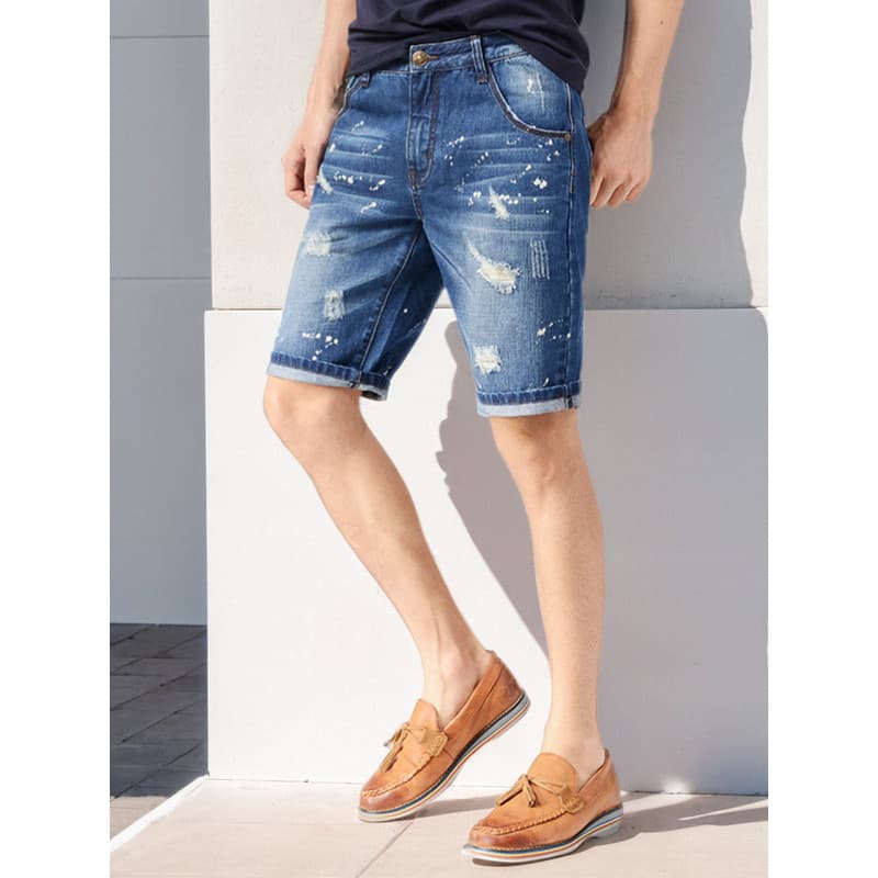 Algodão puro verão fino-ajuste cinco pontos Denim Shorts masculino Casual puro algodão único lacado rasgado Jeans na mod