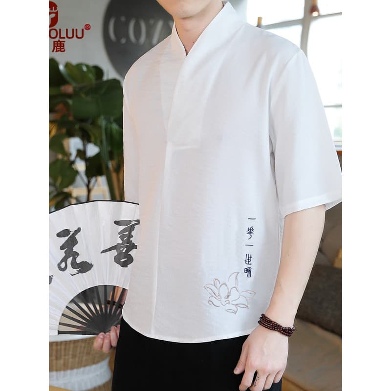 Verão gelo seda de manga curta camiseta masculina fina estilo chinês Tang terno Hanfu roupas superiores soltas traje ant