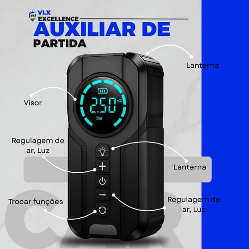 Auxiliar Partida Portátil Bateria e Compressor Ar inflaveis Carrega celular Acampamento