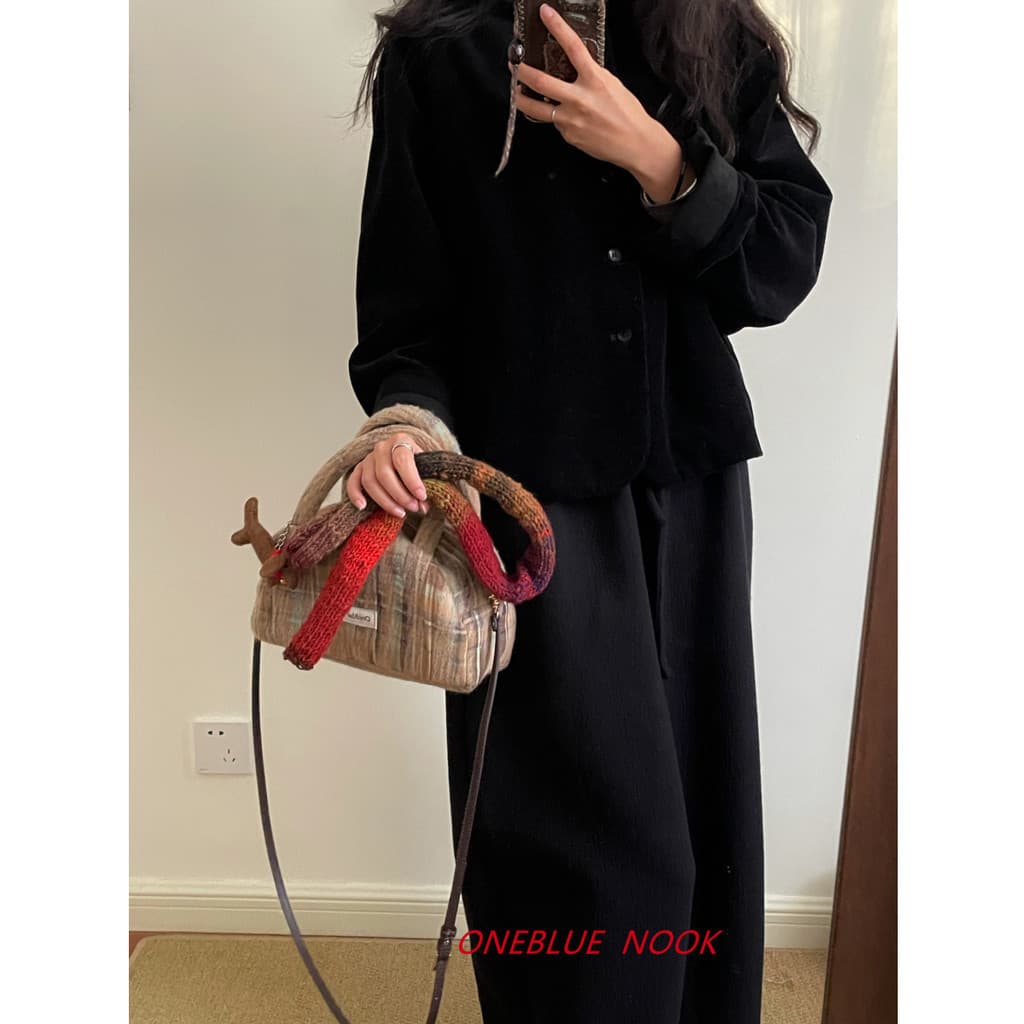 OneBlueNook 丨 Bolsa Boston Original Nicho Japonês Xadrez Polka Dot Zipper Bolsa Crossbody Portátil