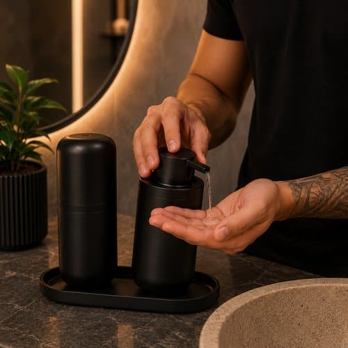 Kit Banheiro Organizador Porta Escova Sabonete Liquido Bandeja Preto