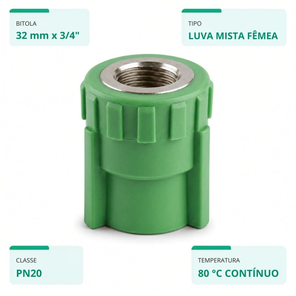 KIT 10 Luva Mista PPR 32x3/4 Rosca Fêmea Metálica Verde Conector Adaptador Transição Água Quente Ar Comprimido Pietrobon