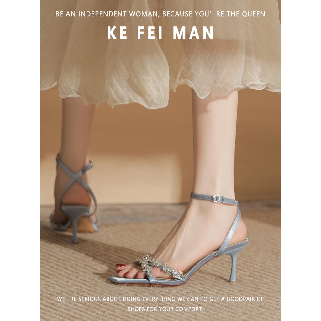 [Coffeyman] Sandálias de salto alto com alça cruzada de strass femininas verão charmoso moda cetim Stiletto salto alto v