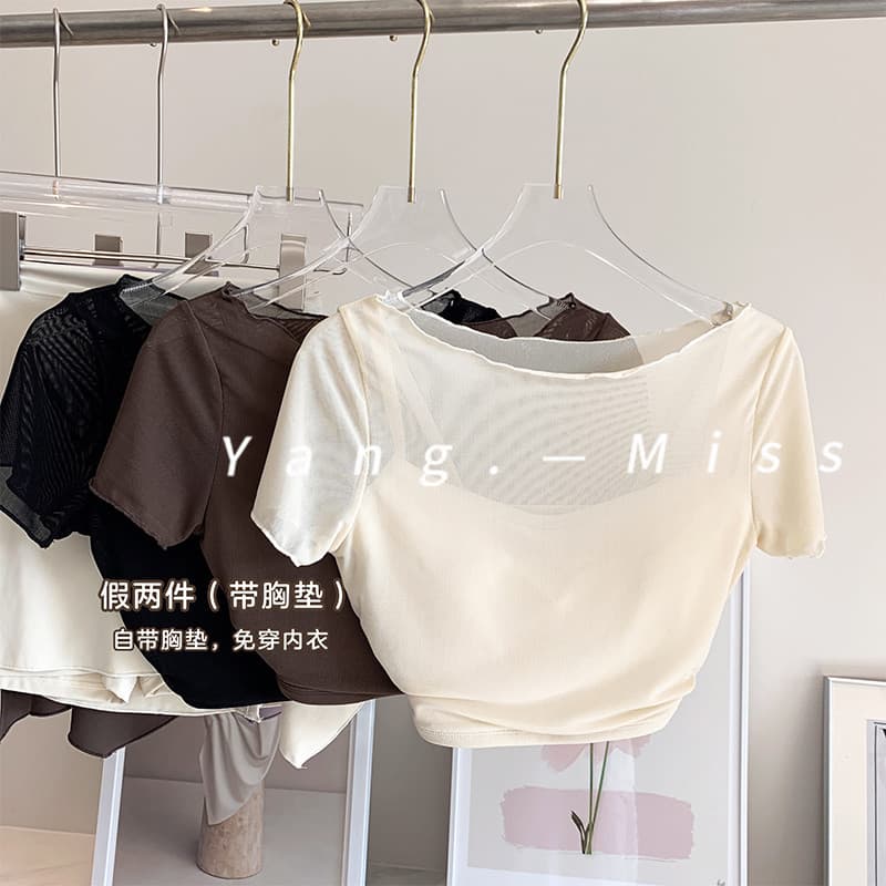 Falso de duas peças gaze respirável esportes camiseta feminina de manga curta com almofada no peito Yoga Wear recortado