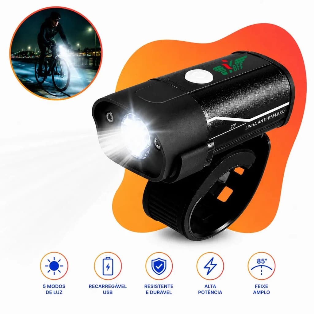 Lanterna para Bicicleta L2 Recarregável USB, Luz de Sinalização para Bicicleta, LED de Feixe Amplo, Potente, Antirreflex