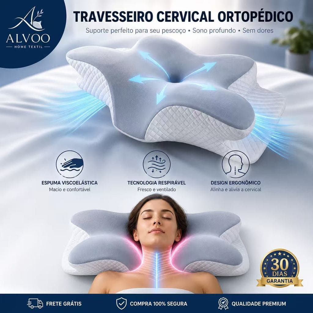 TRAVESSEIRO ORTOPÉDICO BORBOLETA CERVICAL PARA COMBATE A DORES NA COLUNA, DORES DE CABEÇA - VISCOELASTICO FRONHA LAVÁVEL