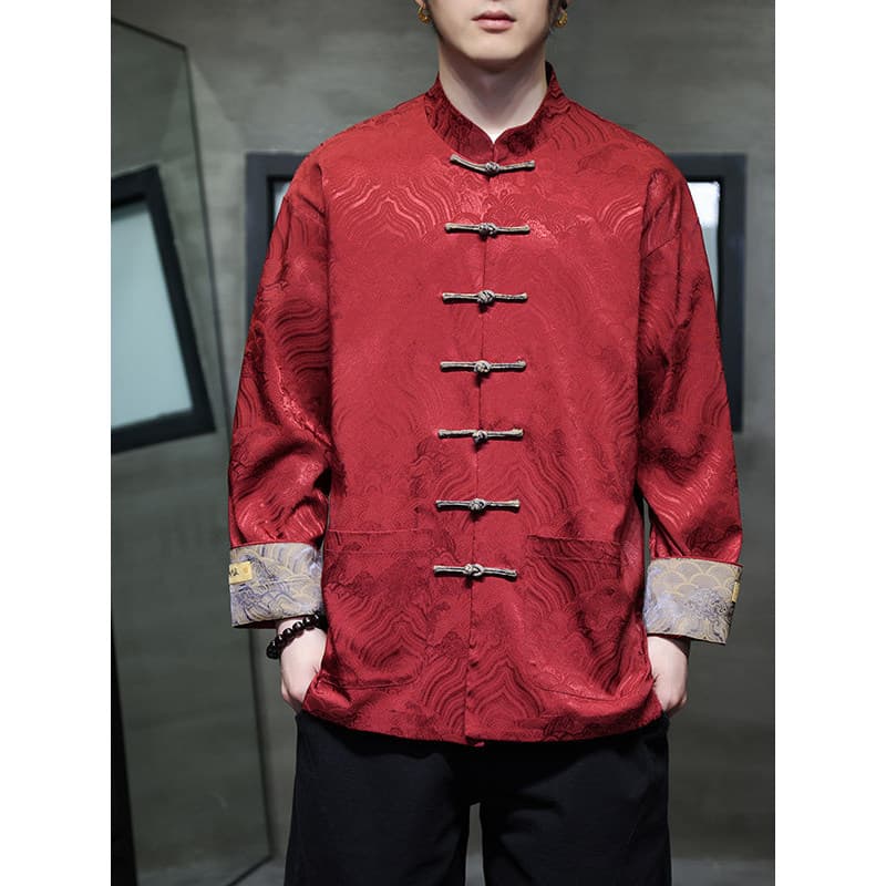 Estilo chinês água do mar Jiangya padrão Jacquard botão Tang terno Hanfu nova camisa de manga comprida masculina chinesa