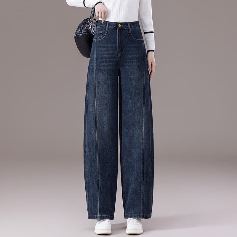Outono novo estilo azul escuro Retro Machete Jeans feminino capa solta cruz mais magro olhar perna larga qualidade marca