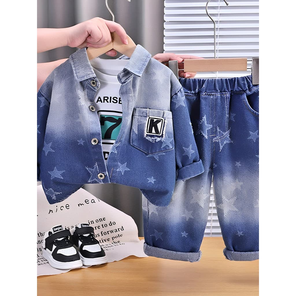 Crianças Denim meninos outono terno bonito moda bebê primavera outono terno de três peças bebê menino roupas na moda