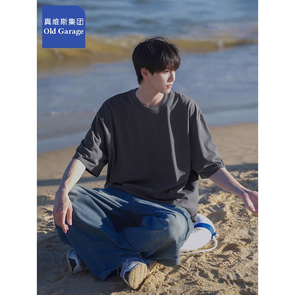 Zhenweisi grupo puro algodão de manga curta camiseta masculina cor sólida solta meia manga topo 2025 verão novo estilo c
