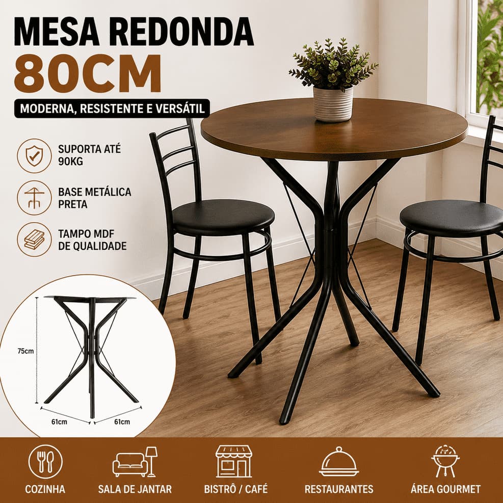 Mesa Redonda 80cm Tampo MDF Base de Ferro Preta para Cozinha Sala de Jantar Área Gourmet