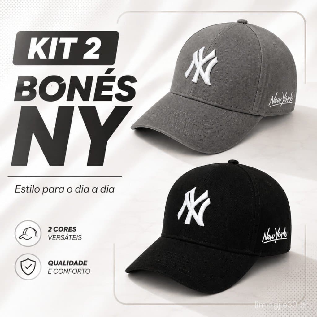 Kit 2 Bonés New York Masculino Feminino Ajustável Bordado Frontal Aba Curva Estilo Urbano