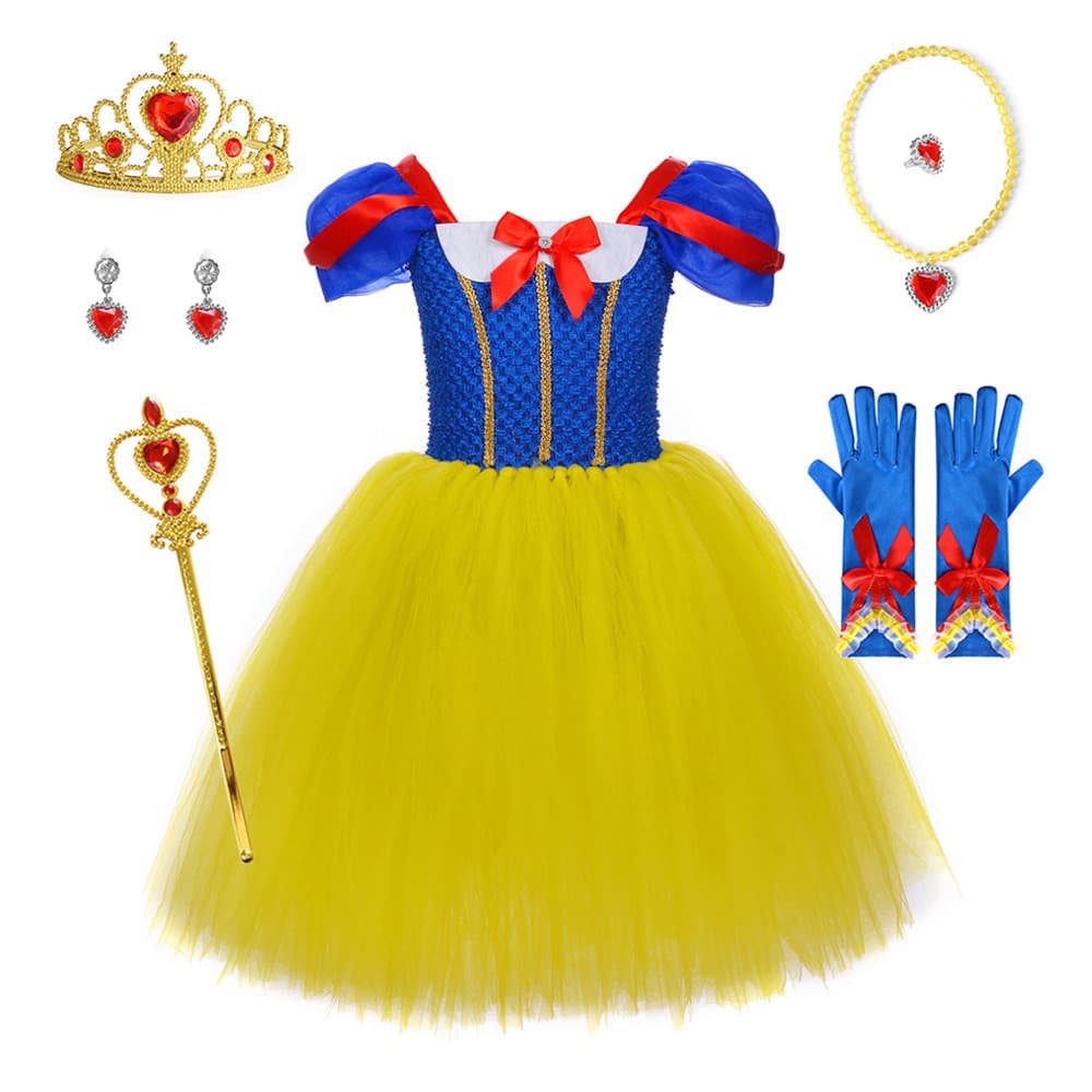 Conto de fadas vestido de princesa neve branco terno bolo vestido menina tutu coroa livre traje de desempenho de palco