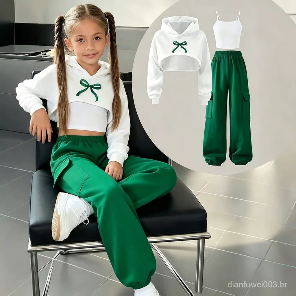 Conjunto de Moda Casual Infantil Feminino para Outono, Colete, Calças e Moletom de Manga Comprida com Capuz, Estilo INS,